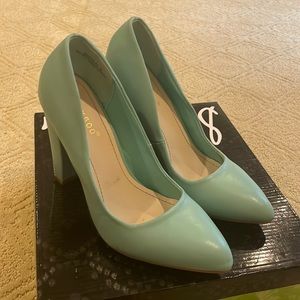 Mint Green Stacked Heel Pumps